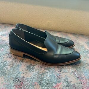 Everlane Black Leather Penny Loafers with Tan Wood Heel